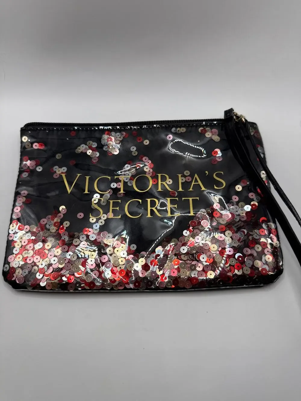 Victoria’s Secret Black Confetti Sequin Zip Wristlet Cosmetic Makeup Pouch Bag
